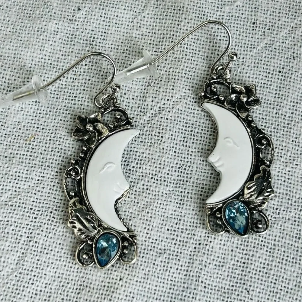 Silver Moon Face Filigree Floral Blue Stone Dangle Earrings